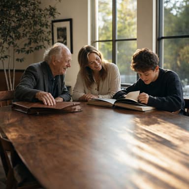 Three generations of a family reviewing records at a dining table with their adviser